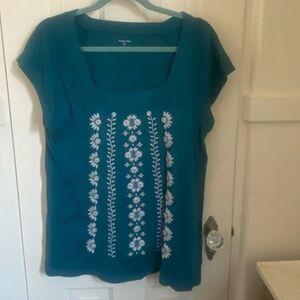 Garnet Hill Teal Havana Embroidered Knit Top M